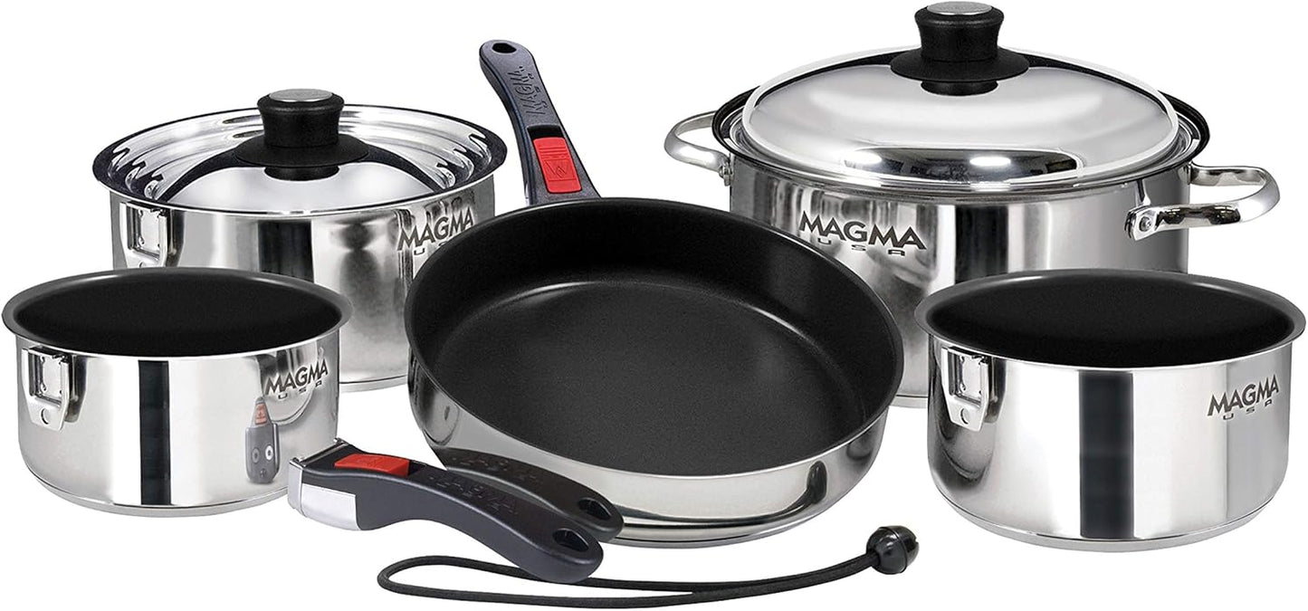 Magma 10 Piece Gourmet Nesting Stainless Steel Cookware Set with Ceramica Non-Stick, Induction Compatible, Oven Safe to 500°F - Suitable for All Stovetops, Removable Handles, Silver