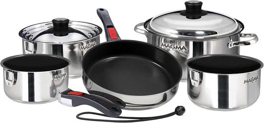 Magma 10 Piece Gourmet Nesting Stainless Steel Cookware Set with Ceramica Non-Stick, Induction Compatible, Oven Safe to 500°F - Suitable for All Stovetops, Removable Handles, Silver