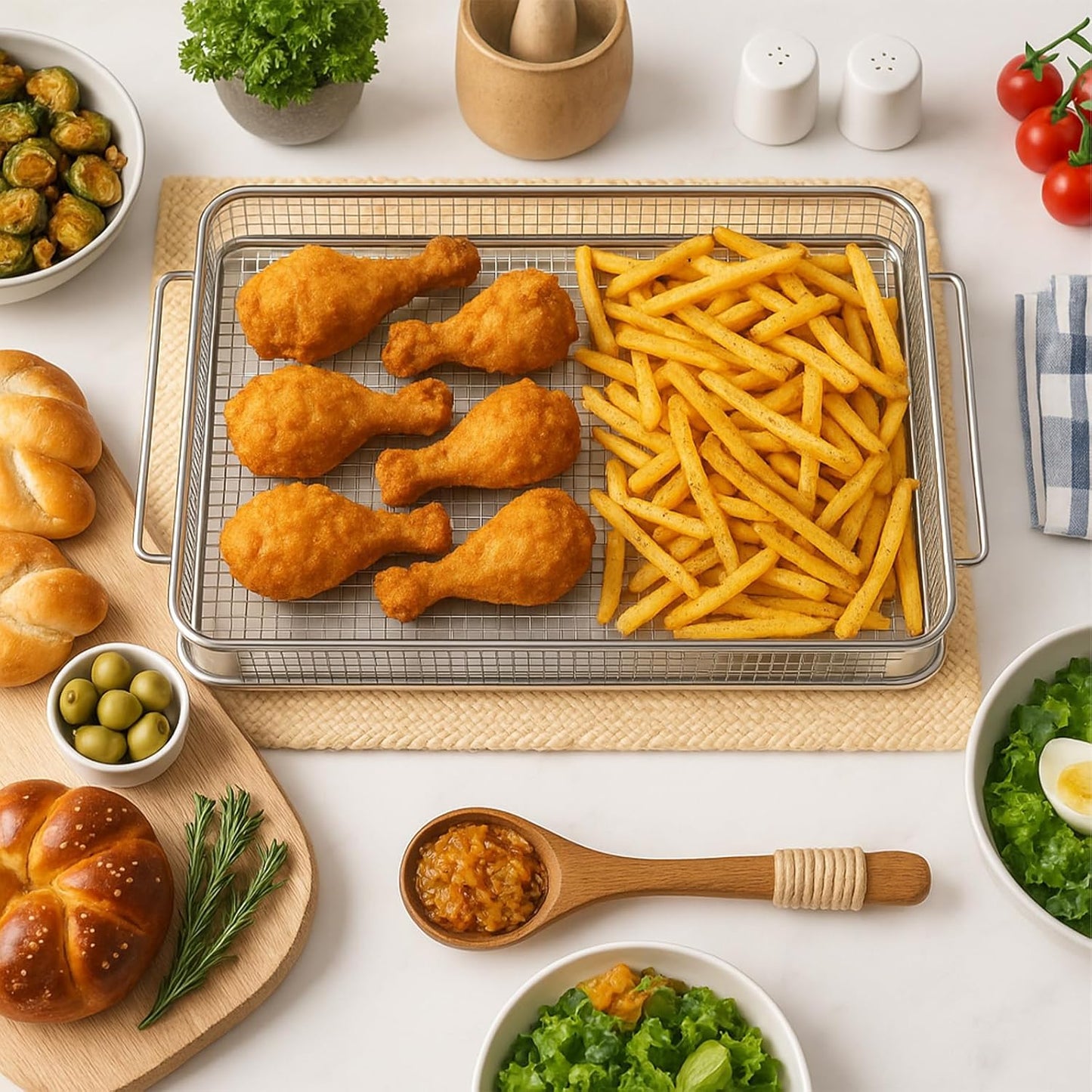 ShellKingdom Air Fryer Basket for Oven, Large 2PCS Oven Air Fryer Basket and Tray, Stainless Steel Air Fryer Pans and Crisper Tray, Air Fryer Accessories for Crispy Foods, 15.3 x 11 INCH