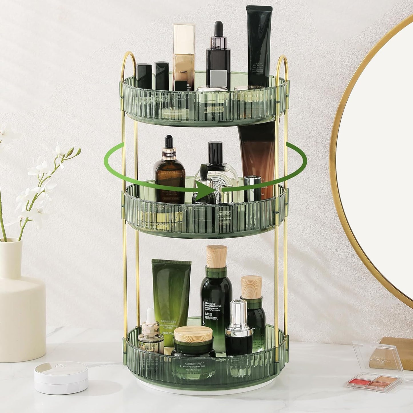 Rotating Makeup Organizer for Vanity, Perfume Skin Care Organizers Large, Bathroom Counter Make Up Cosmetic Storage, Clear Spinning Skincare Lipstick Holder,3 Tiers, Green