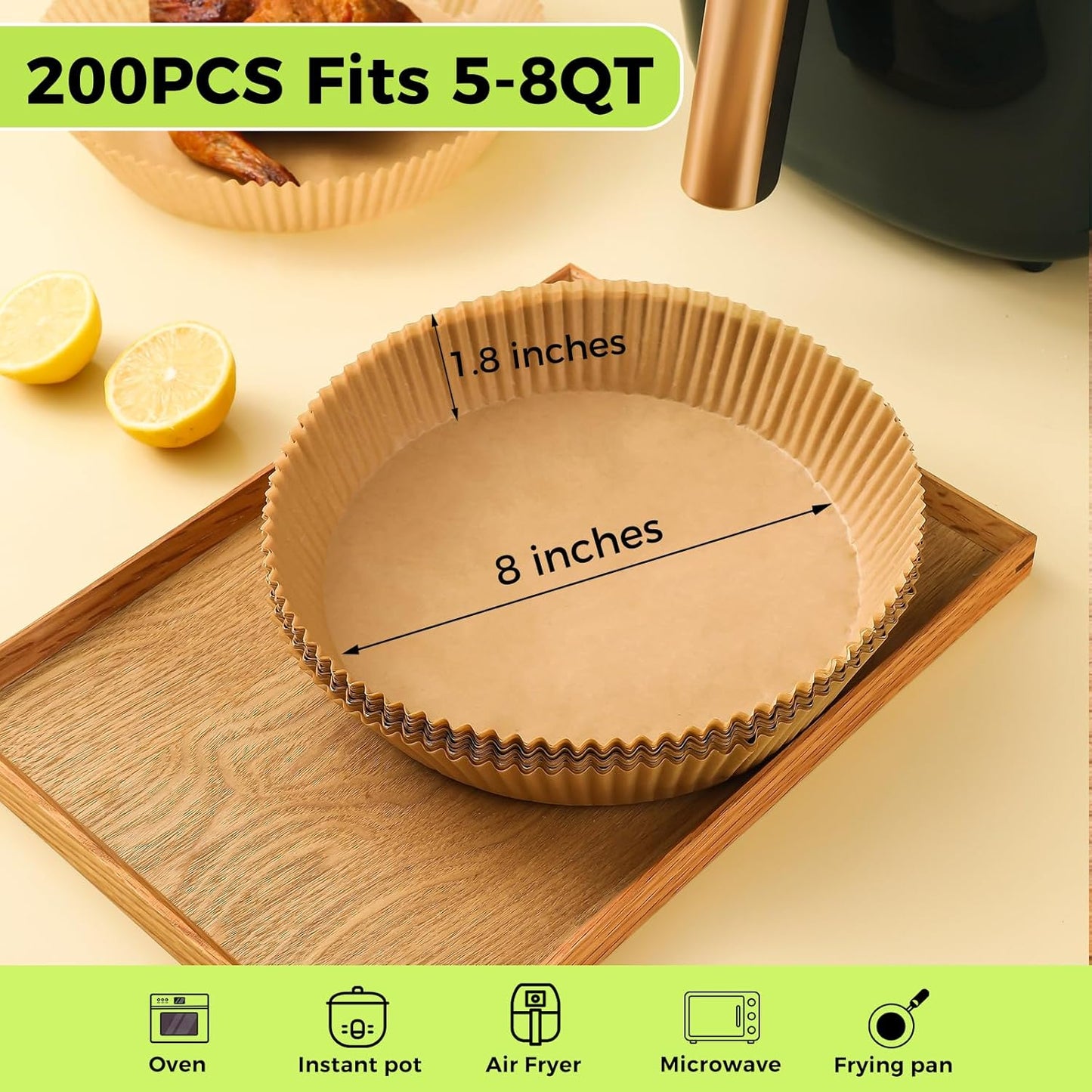 Ctizne Air Fryer Paper Liners Disposable, 200PCS 8inch Airfryer Oven Insert Parchment Paper Sheets Round, Non Stick Food Grade Baking Liner for 5Qt/6Qt/7Qt/8Qt Air Fryer Basket