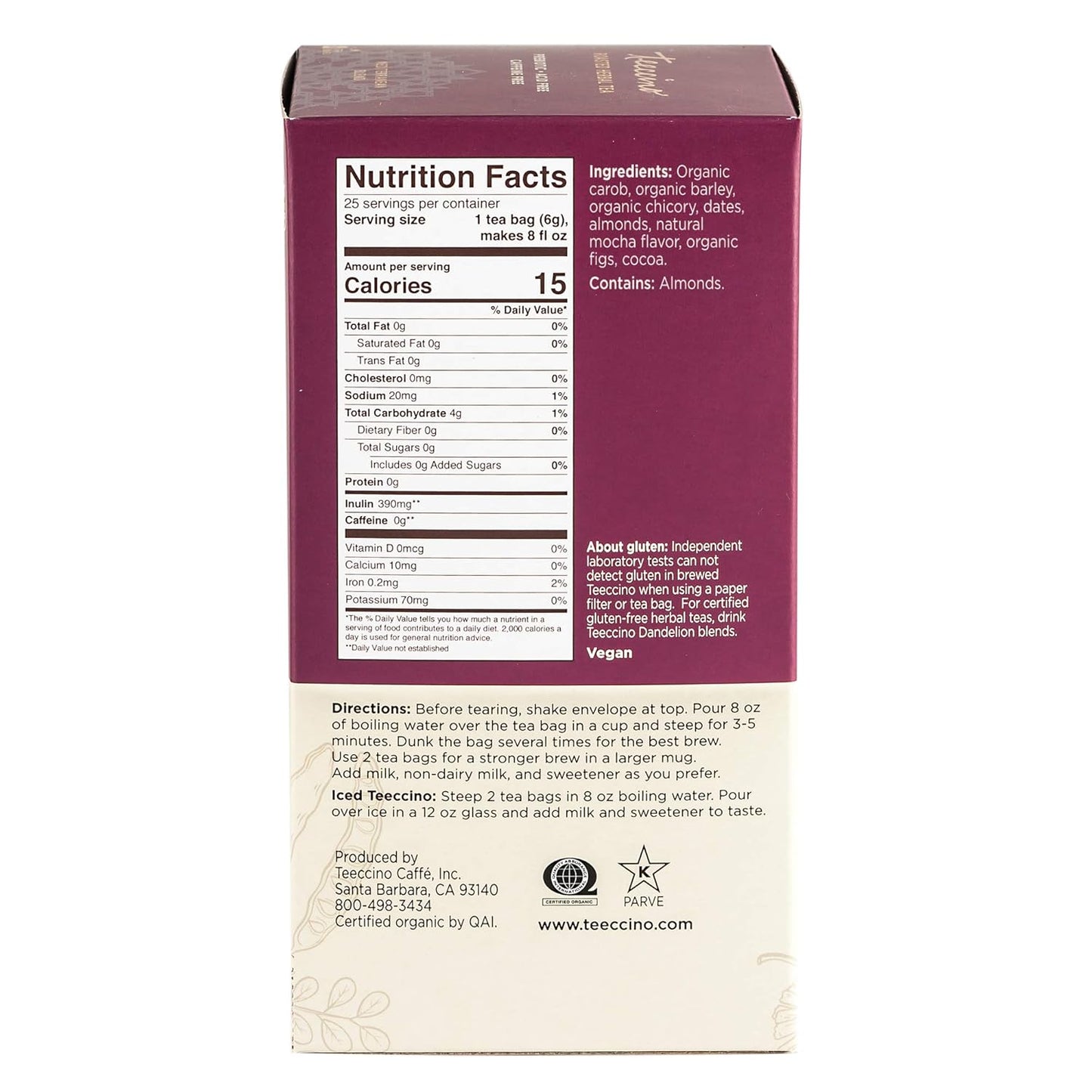 Teeccino Mocha Herbal Tea - Rich & Roasted Herbal Tea That’s Caffeine Free & Prebiotic for Natural Energy, 25 Tea Bags (Pack of 3)