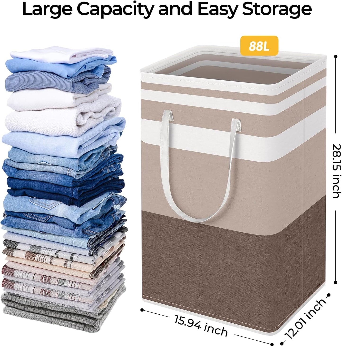 HomeHacks 2-Pack Large Laundry Basket, Waterproof, Freestanding Laundry Hamper, Collapsible Tall Clothes Hamper with Extended Handles for Clothes Toys in the Dorm and Family (Brown, 88L)