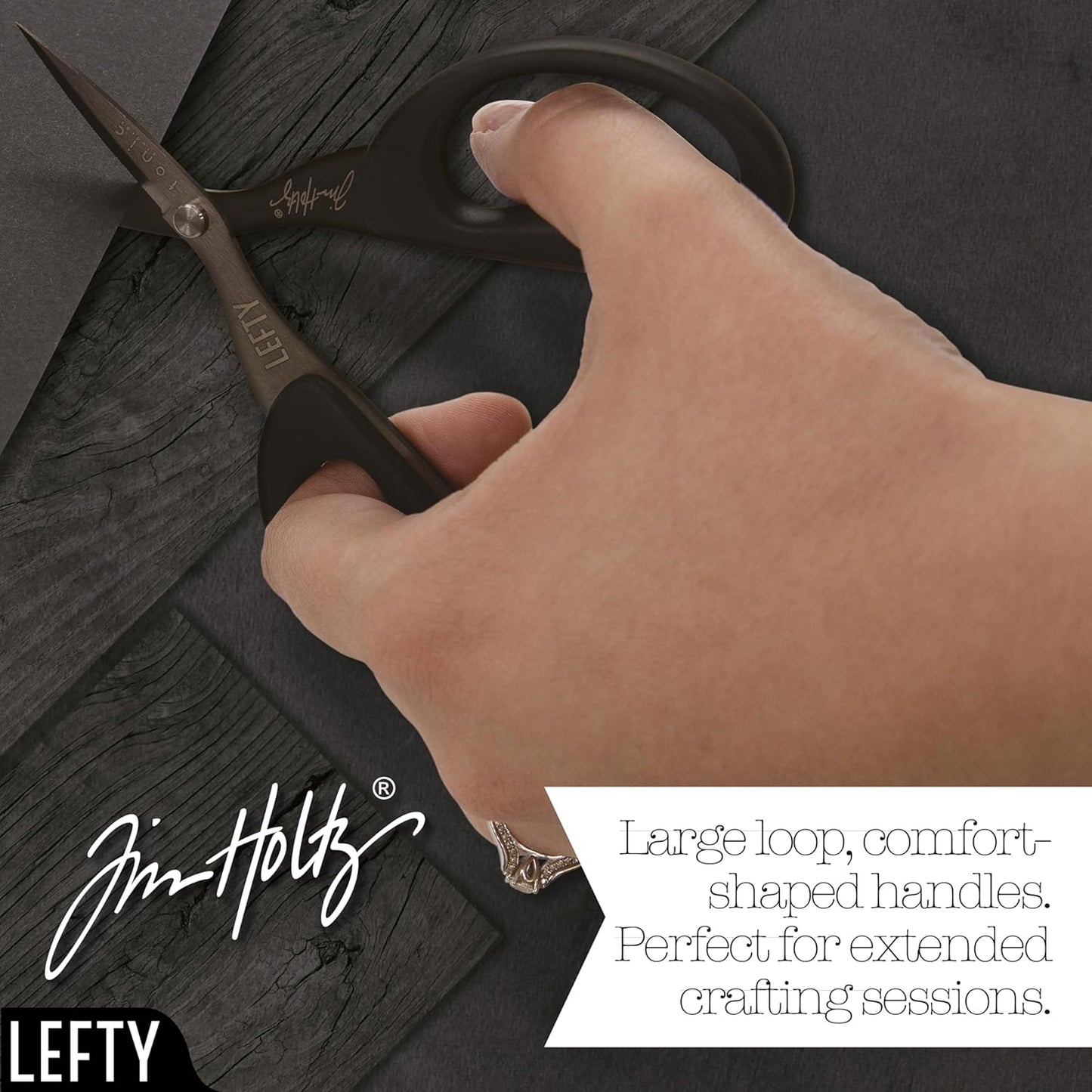 Tim Holtz Left Handed Scissors - 5 Inch Mini Snips with Micro Serrated Blade - Lefty Craft Tool for Cutting Paper, Fabric, and Sewing - Titanium with Black Comfort Grip Handles