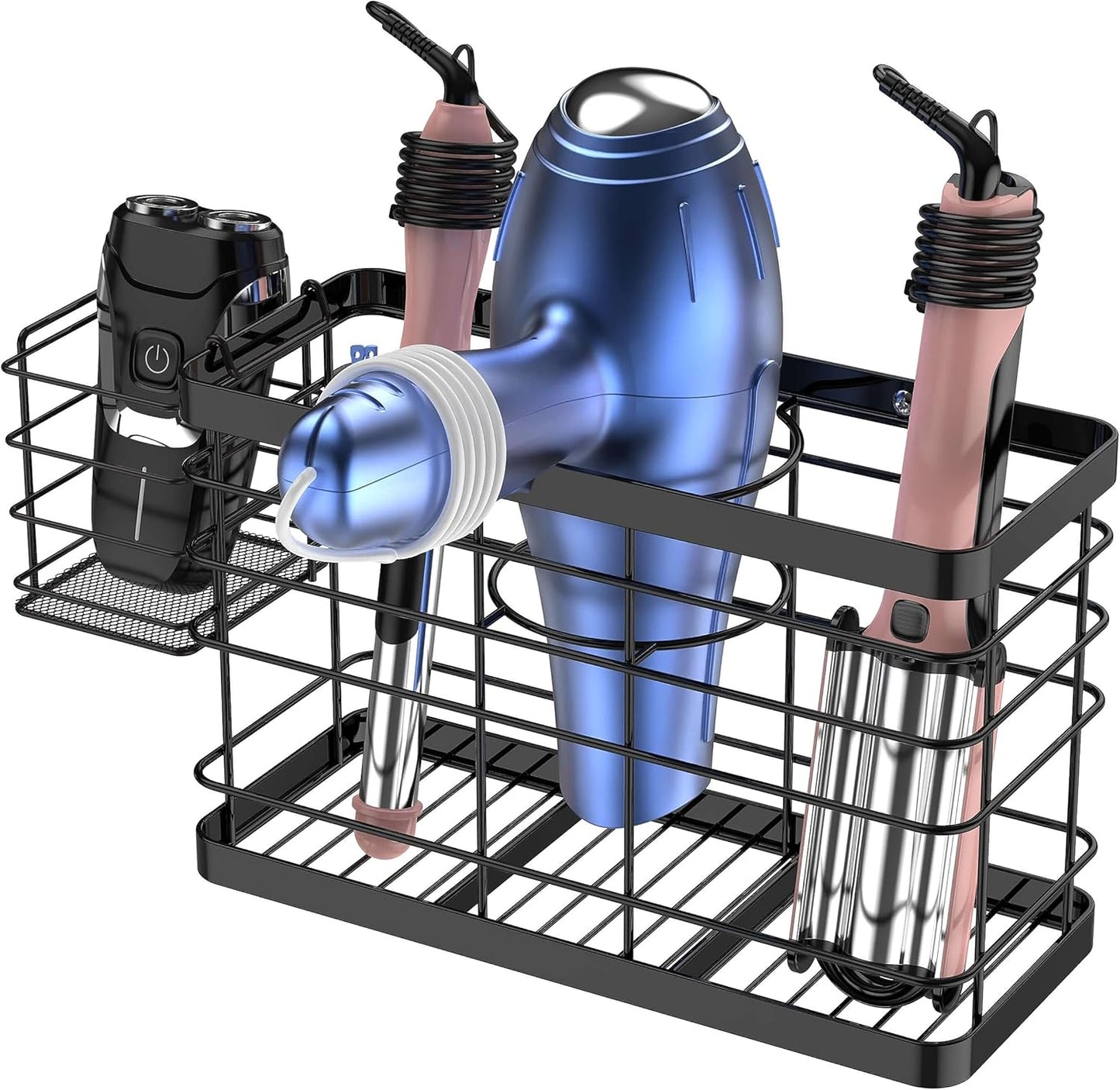 Hair Tool Organizer - Black Steel Wall Mounted Hair Dryer Holder with Removable Basket, 10.62"L x 4.33"W x 6.69"H, Ideal for Small Bathrooms