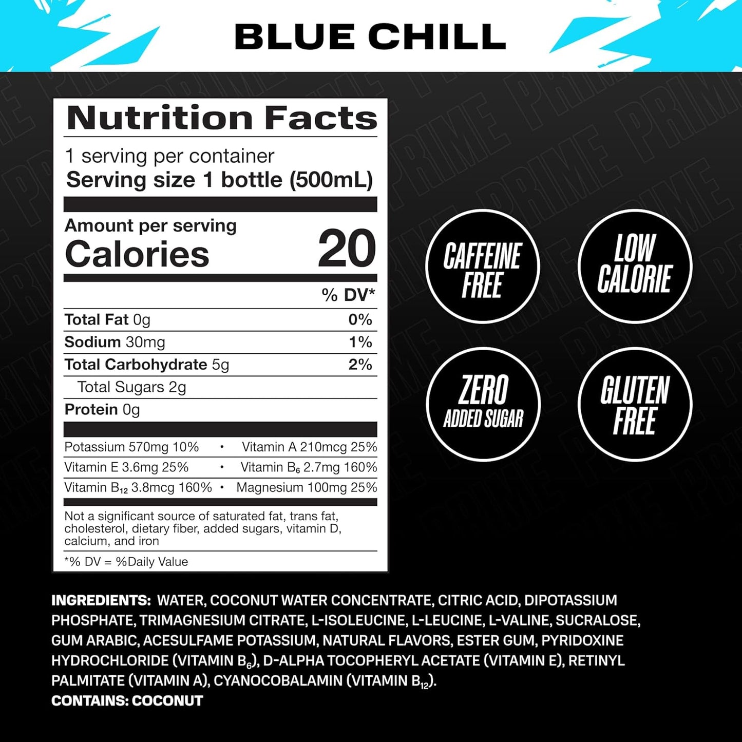 PRIME Hydration ICE BLUE CHILL, Sports Drinks, Electrolyte Enhanced for Ultimate Hydration, 250mg BCAAs, B Vitamins, Antioxidants, Low Sugar, 16.9 Fl Oz, 12 Pack