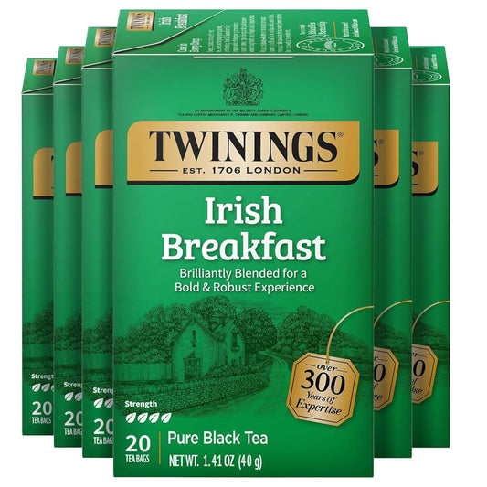 Twinings Irish Breakfast Black Tea Individually Wrapped Bags, 20 Count (Pack of 6), Flavourful, Robust Black Tea, Caffeinated, Enjoy Hot or Iced, 120 Teabags
