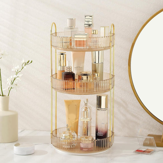 Aveniee Rotating Makeup Organizer for Vanity, 3 Tier Perfume Skincare Organizers and Storage for Bathroom Countertop, Clear Spinning Counter Shelf Cosmetic Holder for Dresser,Gold