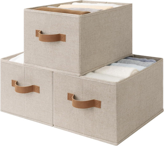SroageWorks Storage Baskets for Shelves, Foldable Fabric Closet Storage Bins with Handles, Clothes Organizer Laundry Baskets, Brown & Beige, 3-Pack, Large