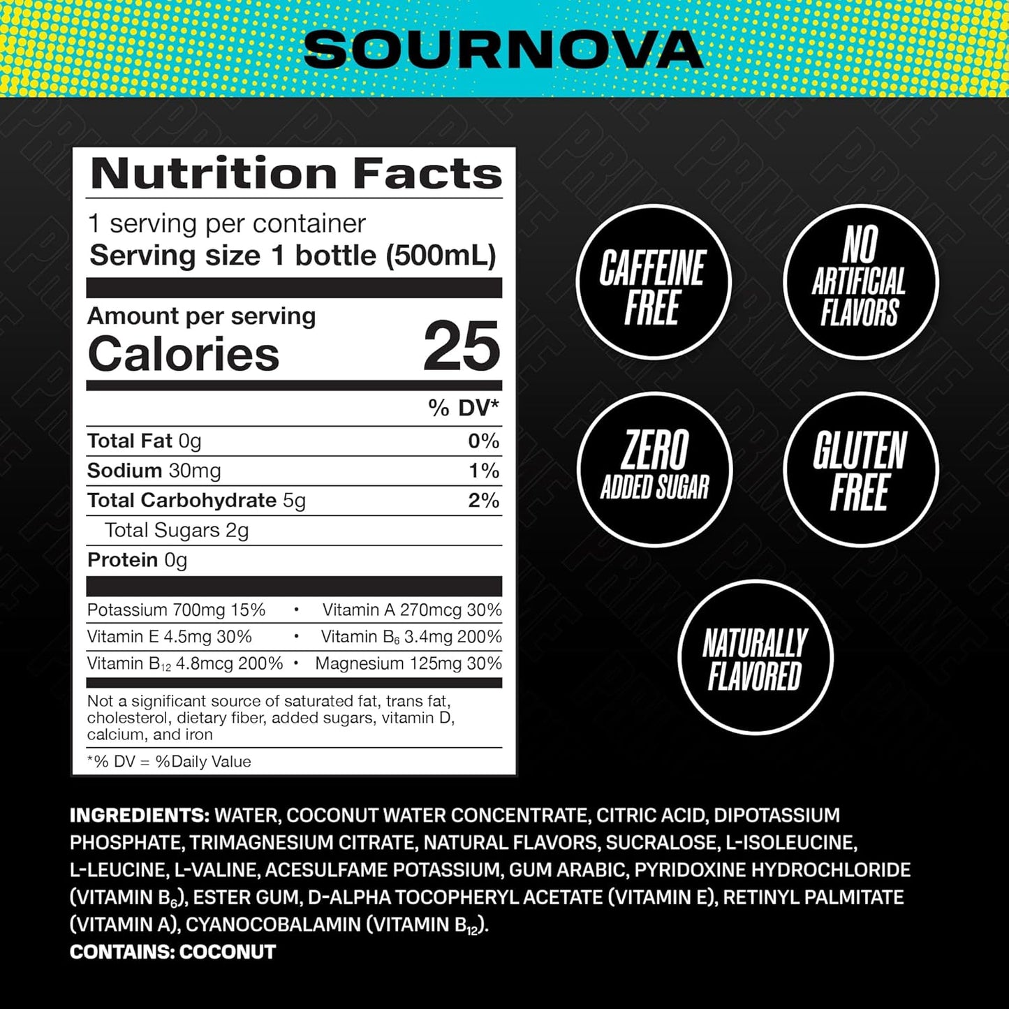 PRIME Hydration SOURNOVA, Sports Drinks, Electrolyte Enhanced for Replenishing Fluids, 250mg BCAAs, B Vitamins, Antioxidants, Low Sugar, 16.9 Fl Oz, 12 Pack