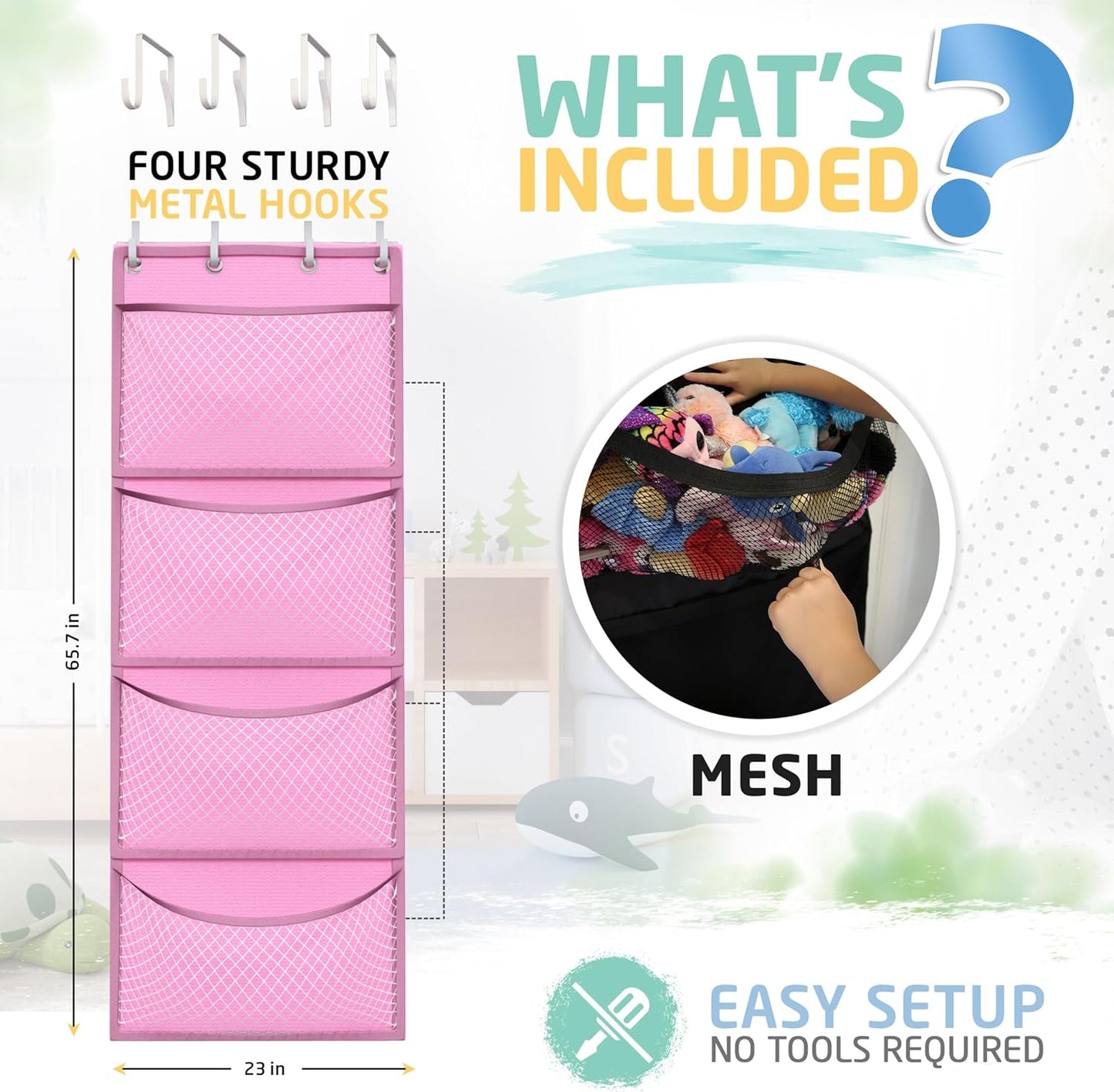 Honeyera Storage for Stuffed Animals - Over Door Organizer for Stuffies, Baby Accessories, and Toy Plush/Easy Installation with Breathable Hanging Storage Pockets Big Girls Chair Toddler Large Bag