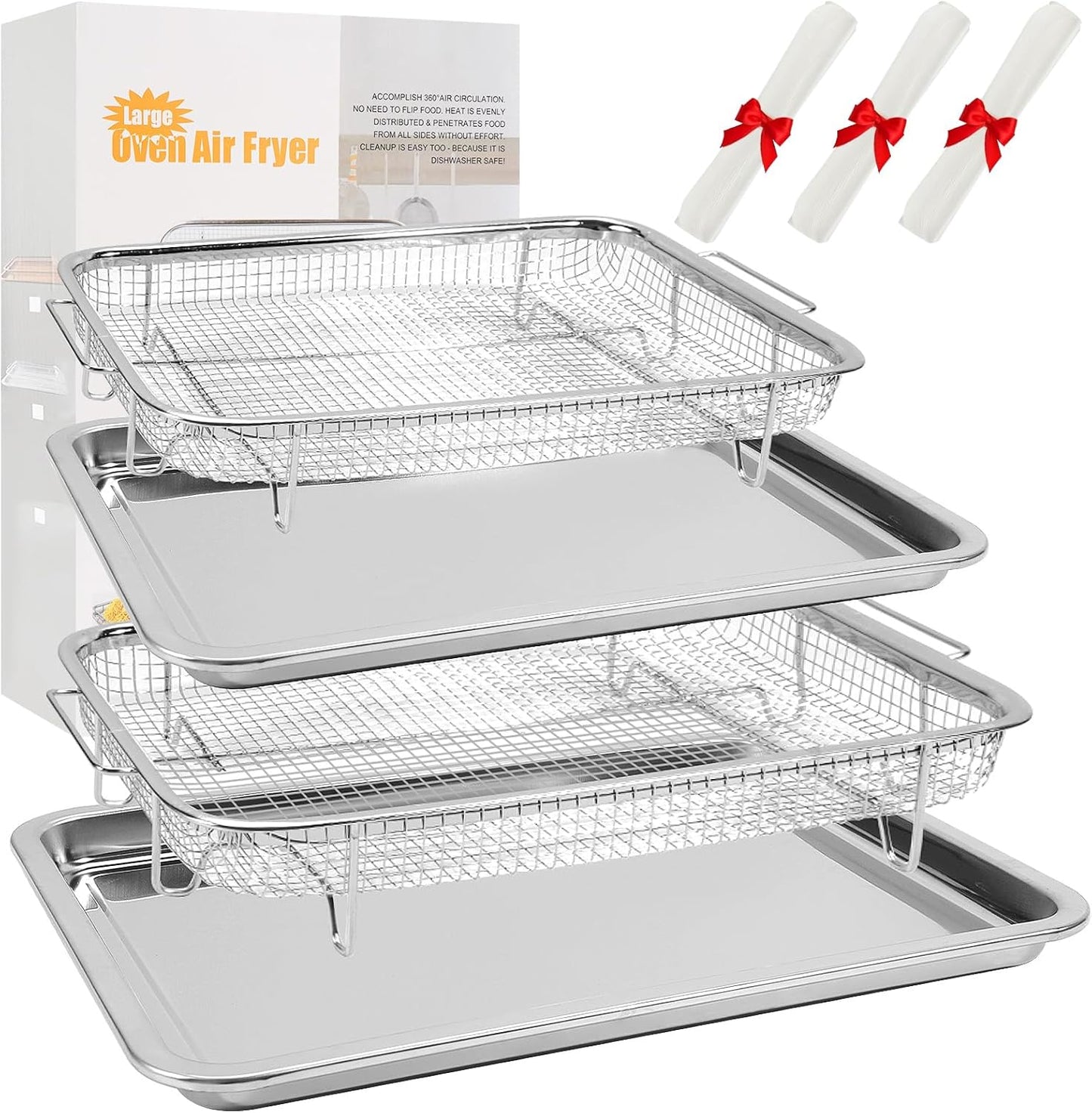 2 Set Air Fryer Basket,Oven Air Fryer Basket and Tray Set 15.6" x 11.6" &12.9"x9.7", Non-Stick Surface,Easy to Clean,With 100 PCS Parchment Papers