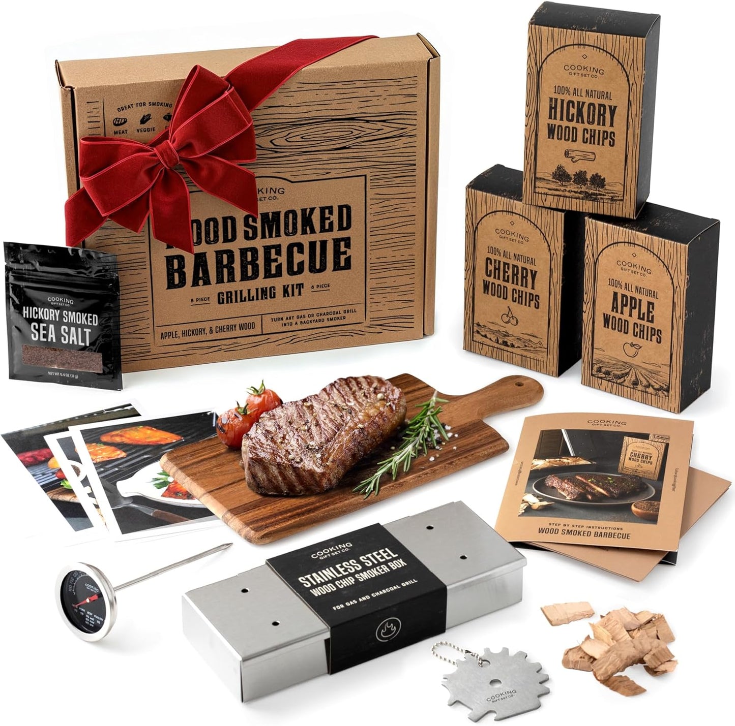 Deluxe Smoker Box for Gas Grilling - Complete BBQ Smoker Box Kit with Wood Chips, Stainless Steel Smoke Box for Gas Grill & Charcoal, Thermometer, Scraper & Recipes - Smoker Accessories Gifts for Men