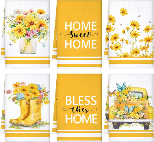 Boyiee Set of 6 Yellow Flower Kitchen Towels Decorative Floral Tea Towels Absorbent Home Dish Towels 24 x 16 Inch Truck Reusable Hand Towel Housewarming Gift for Farmhouse Kitchen Bathroom Decoration
