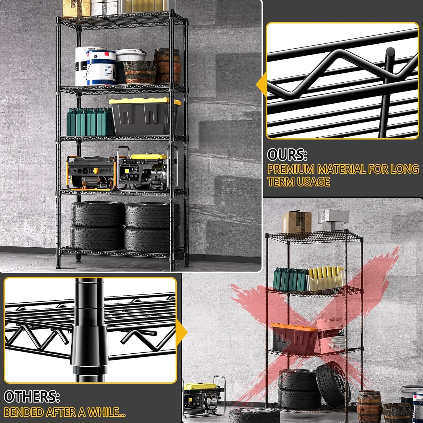 1250 lbs 5 Tier Shelf Metal Storage Shelves Shelving Wire Rack Heavy Duty Closet Organizers for Garage Kitchen Bathroom Laundry Black 15.7" D x 33.5" W x 68.5" H