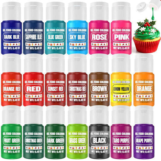 Gel Food Coloring - 20 Colors Gel Food Dye Set, Flavorless Vibrant Edible Concentrated Coloring for Christmas Baking, Cake, Cookie, Fondant, Icing, Macaron, Frosting - 0.45 Fl.Oz Bottles