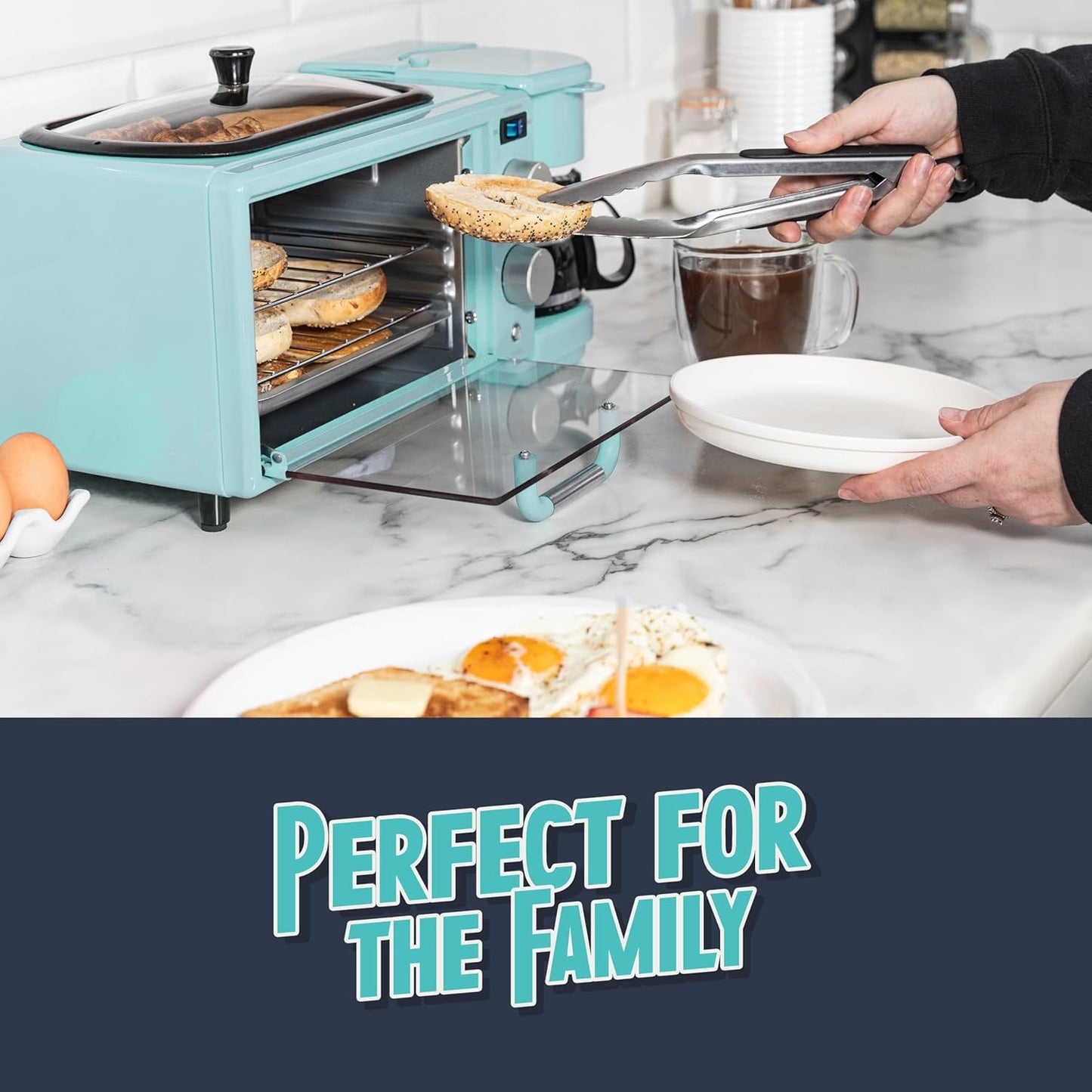 Nostalgia 3-in-1 Retro Breakfast Station - Includes 5 Cup Coffee Maker, Non-Stick Ceramic Griddle, and 4-Slice Toaster Oven - Built-In Timer, Reusable Coffee Filter, Space-Saving Design - Aqua