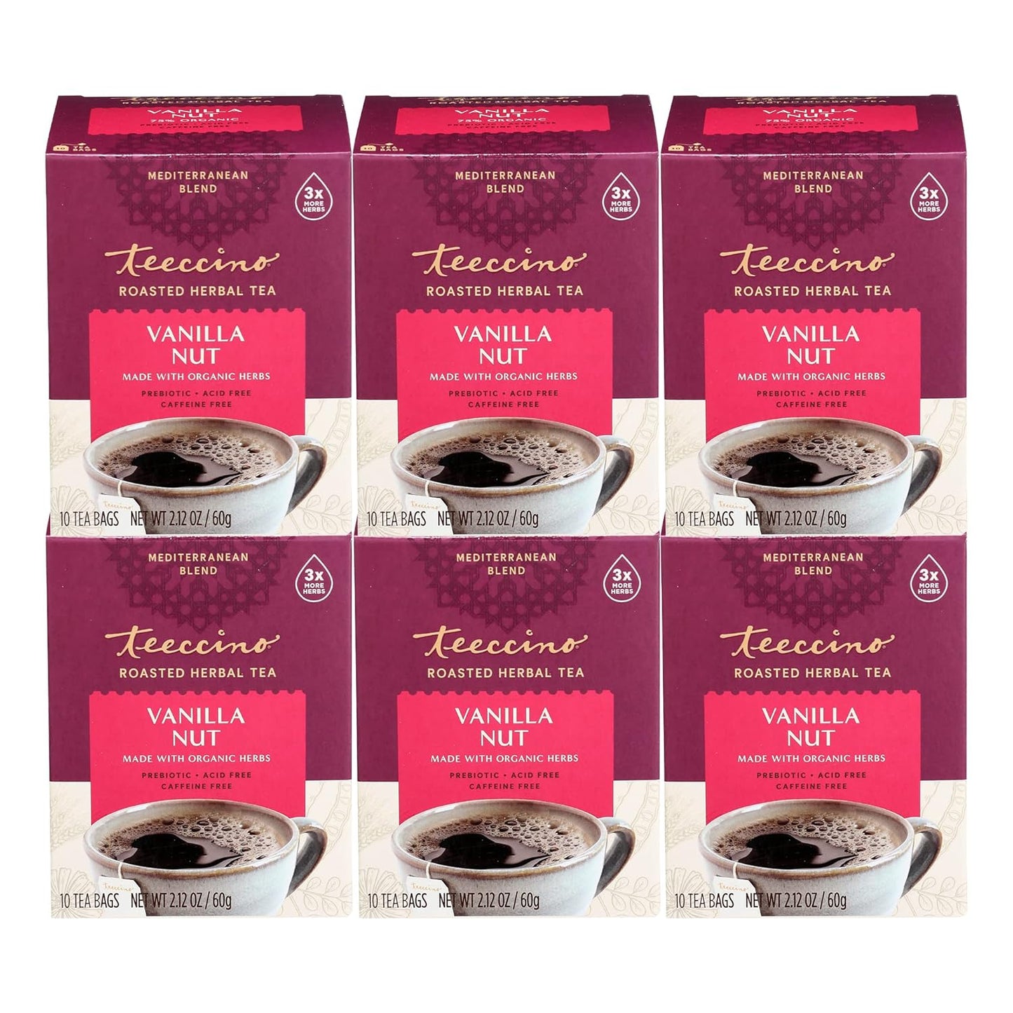 Teeccino Vanilla Nut Herbal Tea - Rich & Roasted Herbal Tea That’s Caffeine Free & Prebiotic for Natural Energy, 10 Tea Bags (Pack of 6)