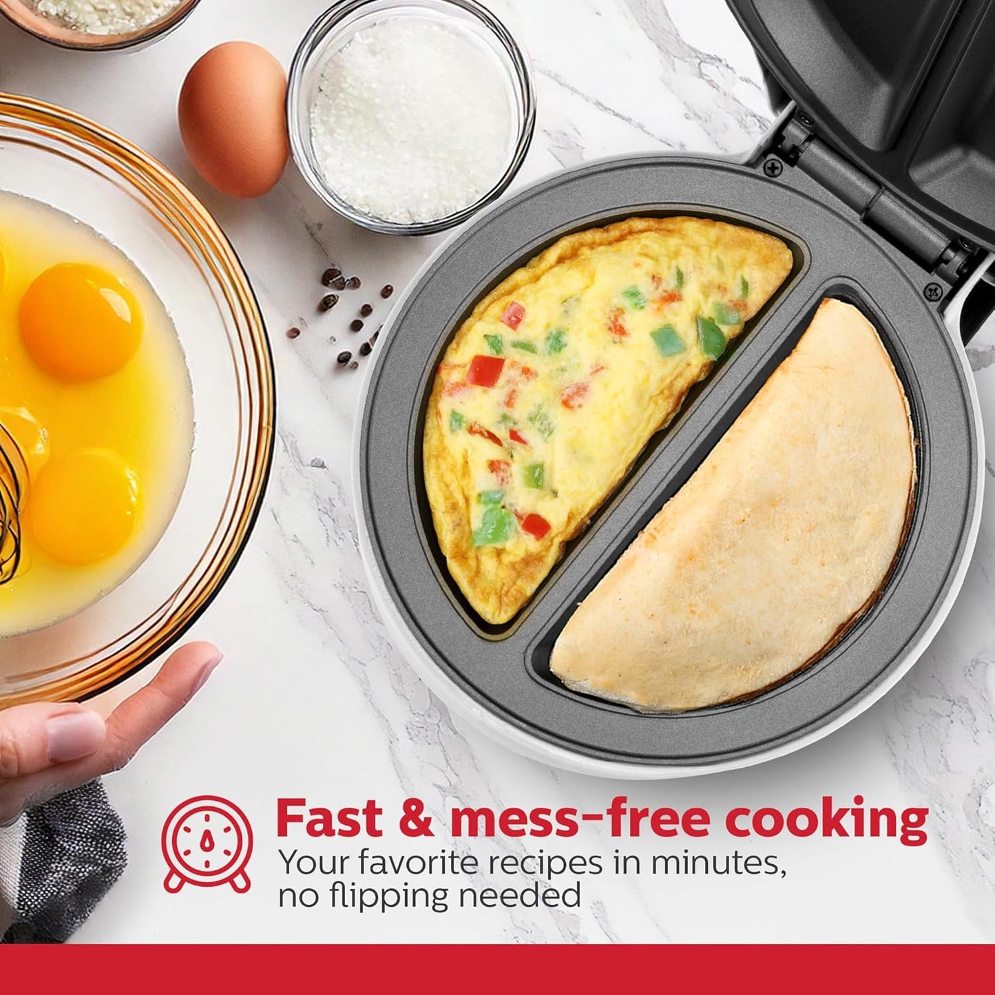 Holstein Housewares Stainless Steel 2 Section Omelet & Frittata Maker, Non Stick Coating, Easy To Clean, Indicator Lights, Compact Storage, Prepare Versatile Recipes in Minutes. 2 Portions, White