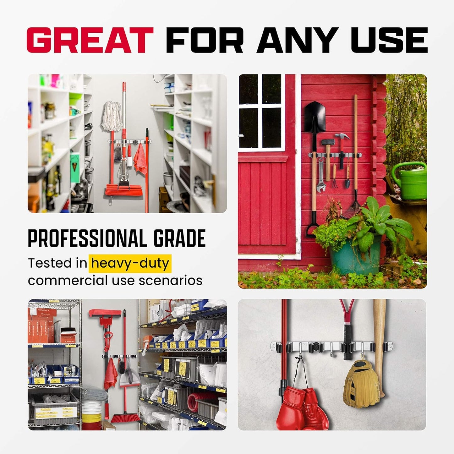 Mop and Broom Holder Wall Mount – Self-Adhesive Stainless Steel broom hanger organizer – 4 Clamps, 3 Hooks, 5 Towel Hanging Clips Mounting Screws – Holds Up to 40 Lbs