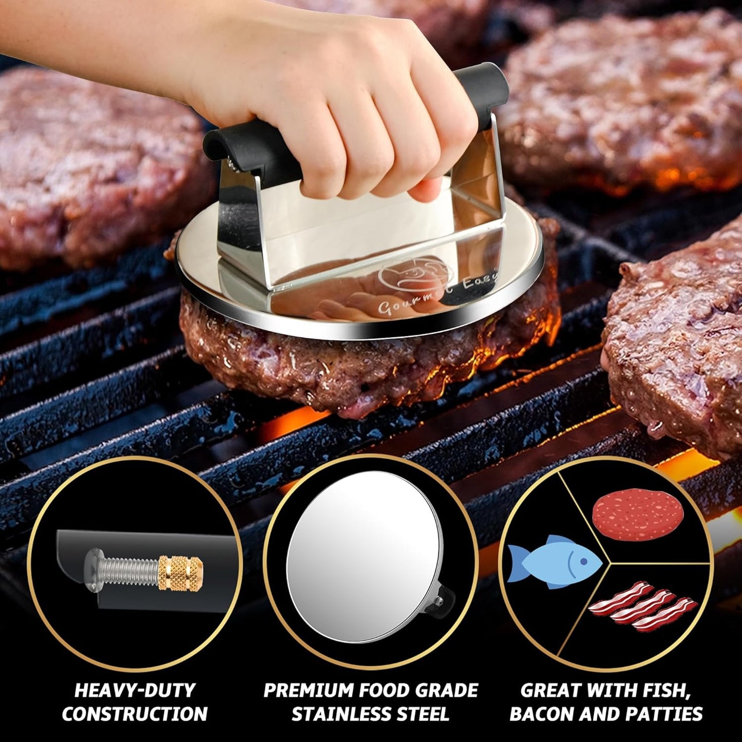 2lb Smash Burger Press Stainless Steel, Burger Smasher for Griddle Heat Resistant Handle, Hamburger Press, Dishwasher Safe Grill Press for Griddle, Meat Press Griddle Press for Flat Top Grill Cooking