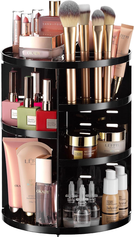 360 Rotating Makeup Organizer - Adjustable Shelf Height and Fully Rotatable. The Perfect Cosmetic Organizer for Bedroom Dresser or Vanity Countertop. (Black)