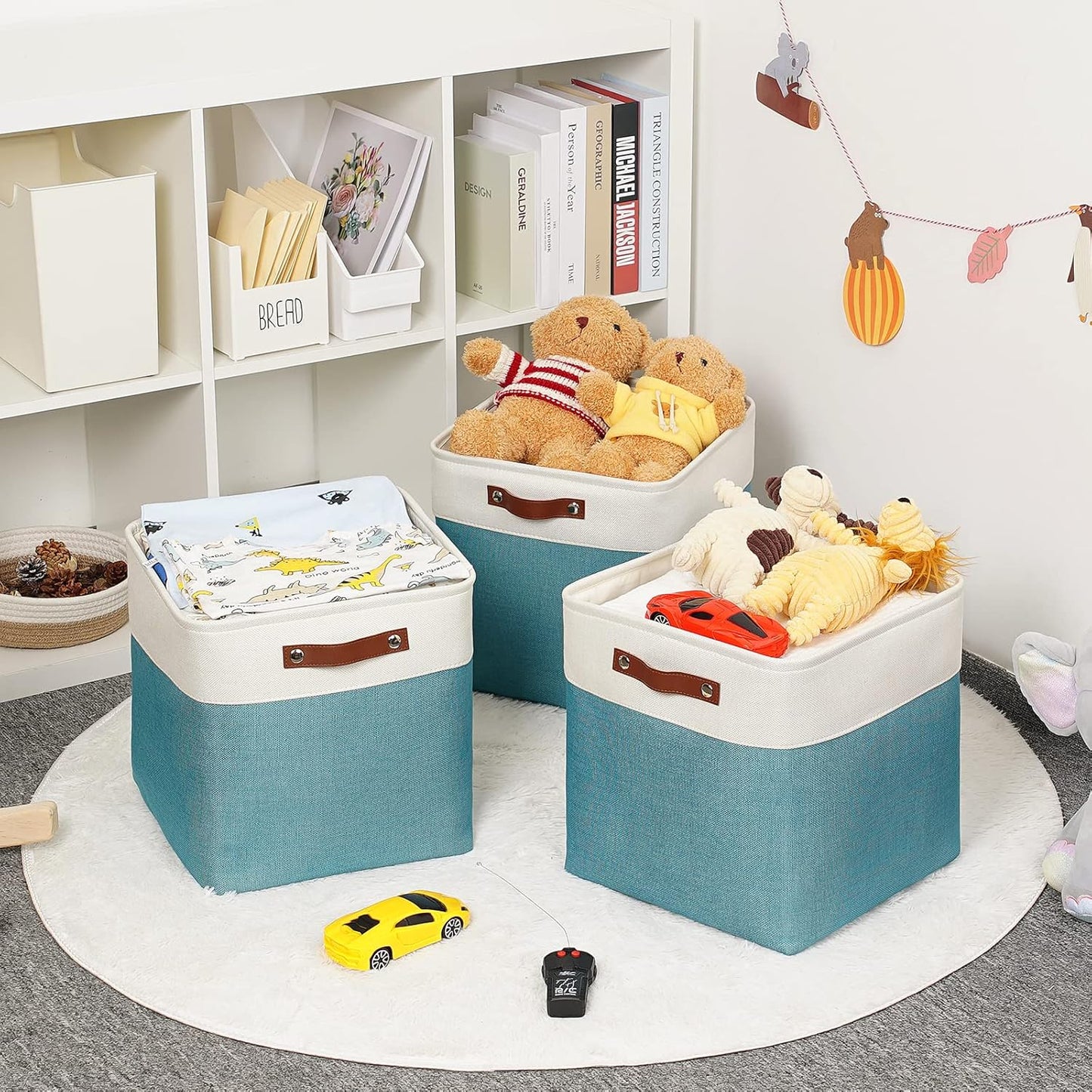 HNZIGE Foldable Storage Cubes & Baskets (3 Pack) - 13 Inch Storage Bin with Leather Handles for Toys, Clothes, Kids, Closet (White & Teal)