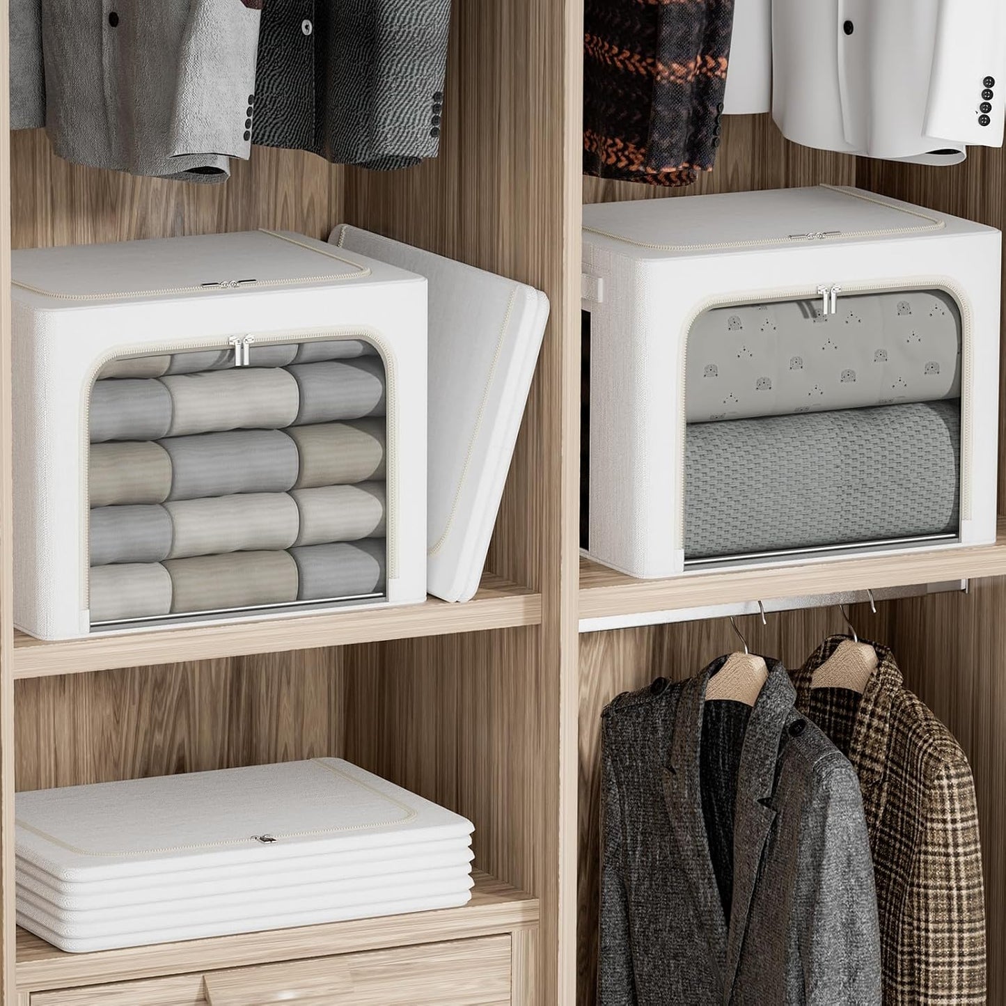 FHSQX 2 Pack Clear Window Storage Bins Large Stackable Linen Fabric Storage for Clothes Foldable Container Organizer Set with Carrying Handles (Lvory White, 23.6x 16.5x 15.7 Inch)