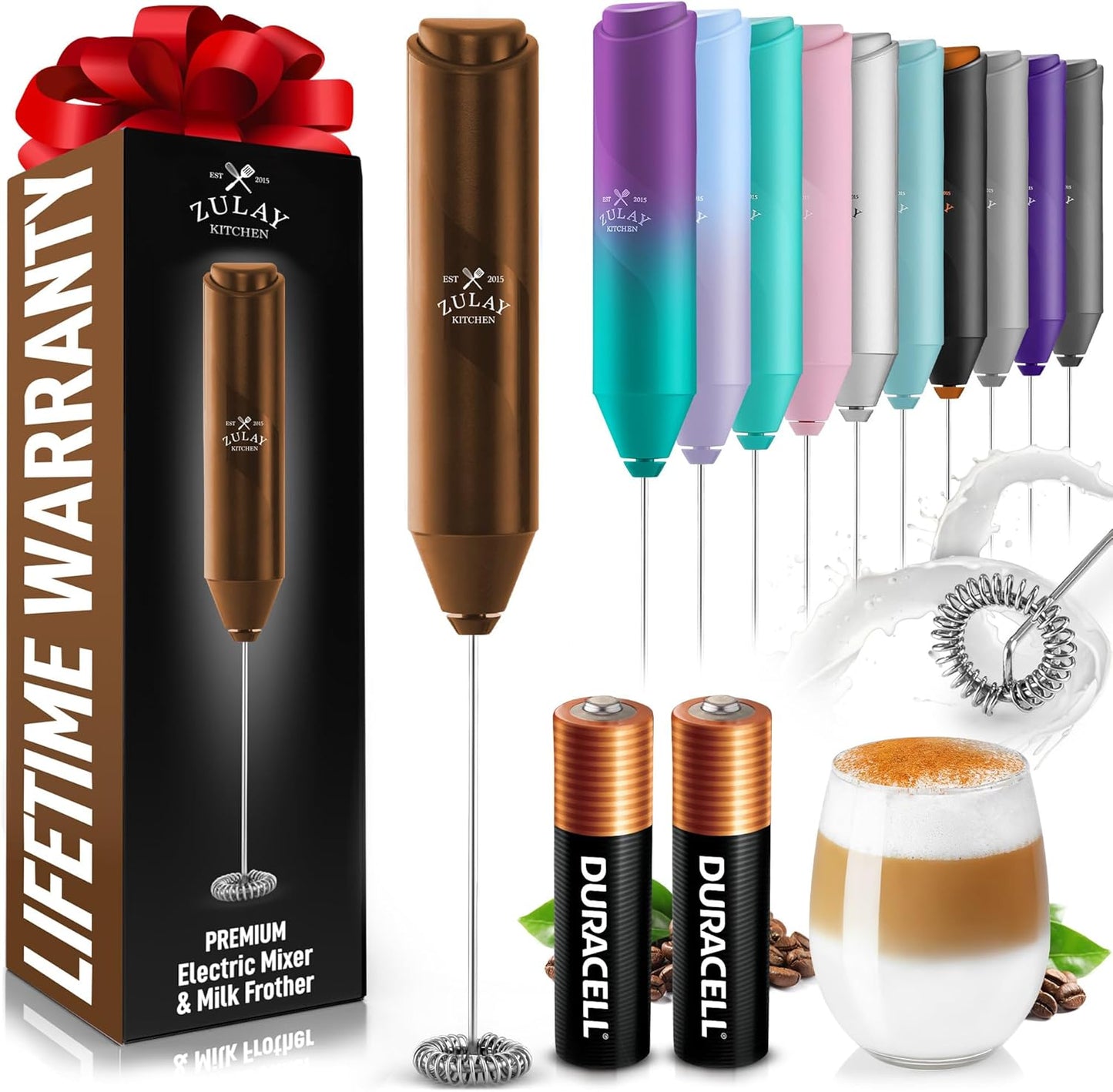 Zulay Kitchen Milk Frother Handheld with 2 Duracell AA Batteries – Electric Drink Mixer for Coffee, Lattes, Cappuccinos, Matcha & Hot Chocolate – Portable Foam Maker & Coffee Bar Accessory