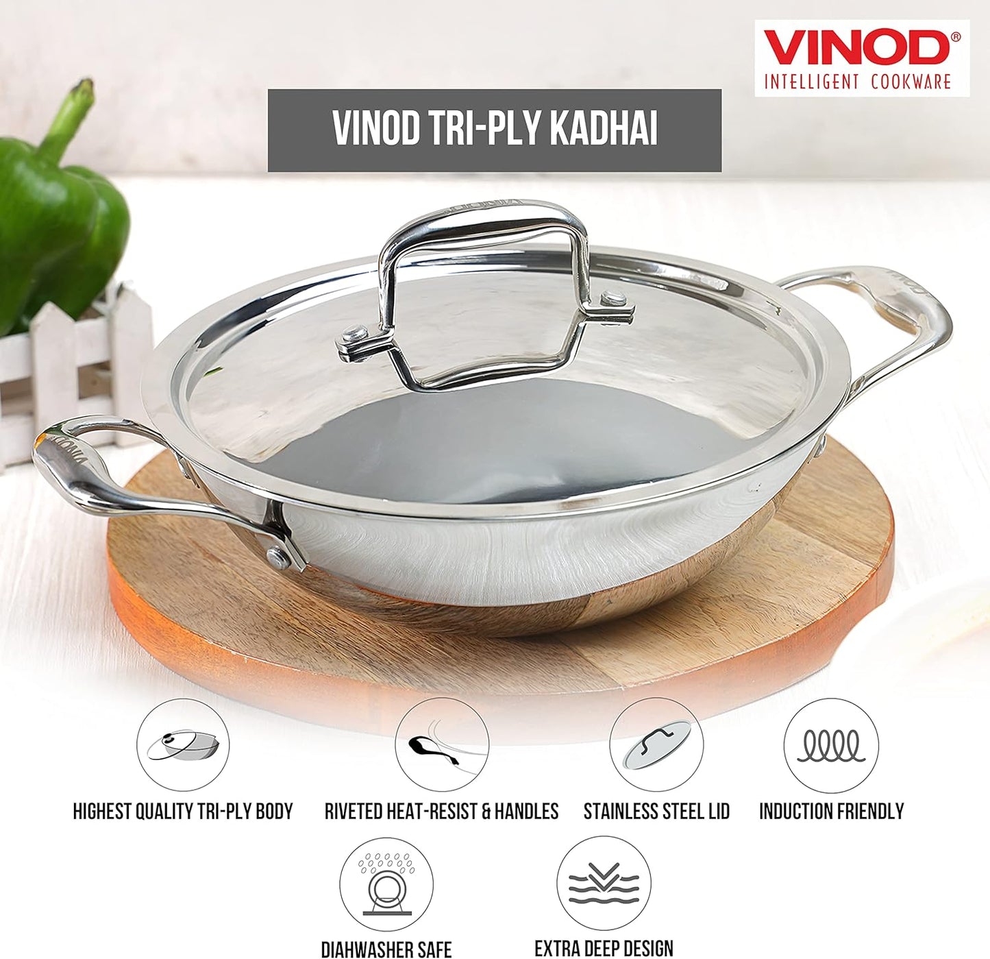 Vinod Platinum Kadai Triply Stainless Steel | Suitable For Indian Cooking, Sauces, Stews, Soups | Deep/Extra Deep Kadai With Lid | Induction, Electric Friendly (Extra Deep Kadai, 18cm)