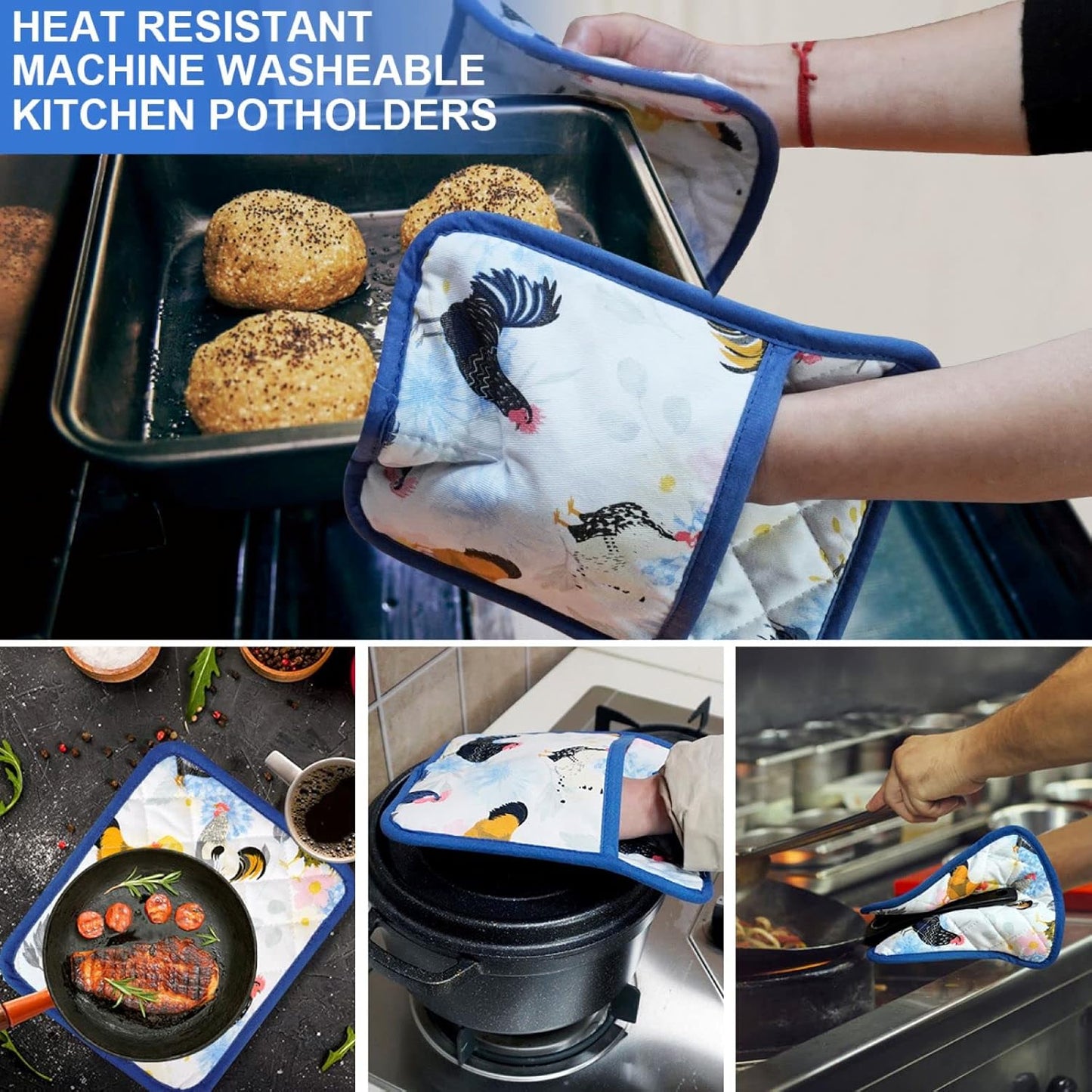 Pot Holders Set of 2 Heat Resistant 480℉ Kitchen 100% Cotton Comfortable Lining Printing Fox Flower Women Men Home Cooking Baking Microwave BBQ Gift (Rooster potholder)