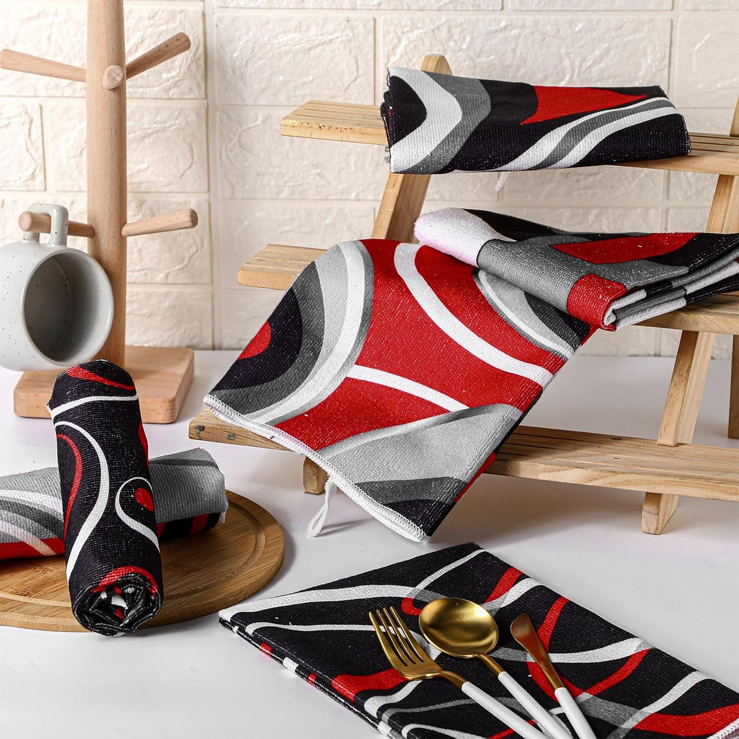 Boyiee Set of 6 Red Black Grey White Kitchen Towels Modern Geometric Dish Hand Towels 24 x 16 Inches Gifts Decorative Tea Cloth Gifts for Farmhouse Kitchen Bathroom Decorations