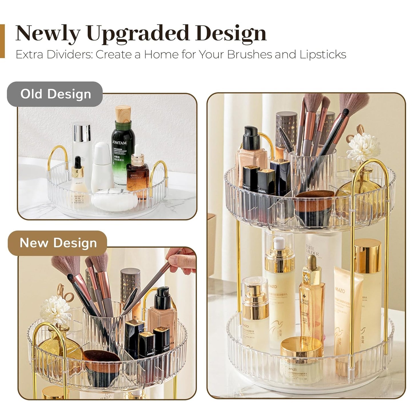 Aveniee 360 Rotating Makeup Organizer for Vanity, Upagraded Perfume Skincare Bathroom Counter Organizers with Brush Divider, Two Tier Spinning Lipstick Cosmetic Lotion Storage,White