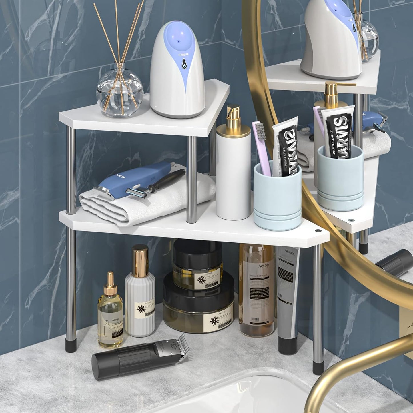 Weenson Bathroom Counter Organizer Over Sink for Toiletries Makeup, Kitchen Countertop Organizer Spice Rack for Salt, 2-Tier Corner Counter Shelf for Coffee Area Storage Dresser Table Bamboo