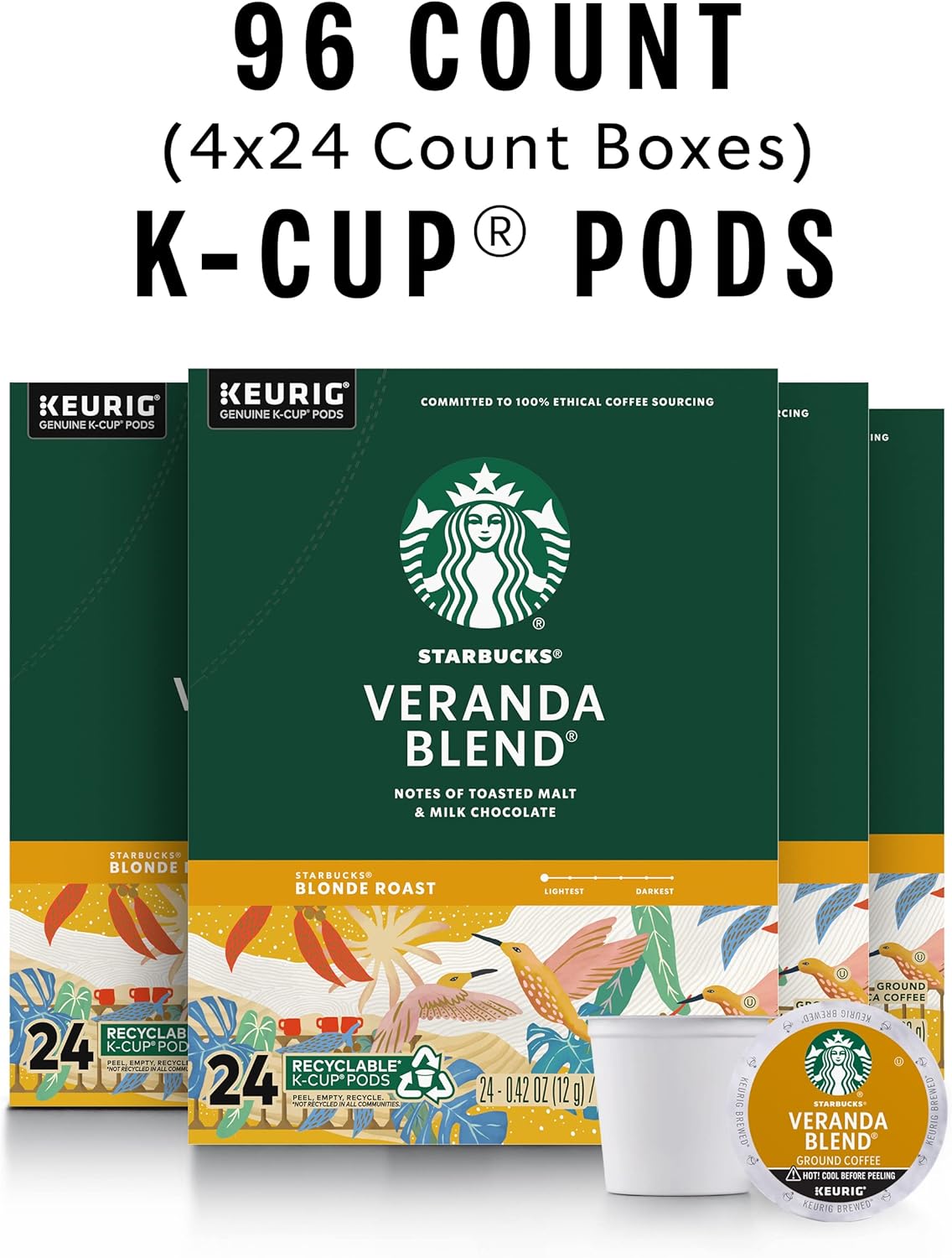 Starbucks K-Cup Coffee Pods, Starbucks Blonde Roast Coffee, Veranda Blend for Keurig Brewers, 100% Arabica, 4 boxes (96 pods total)