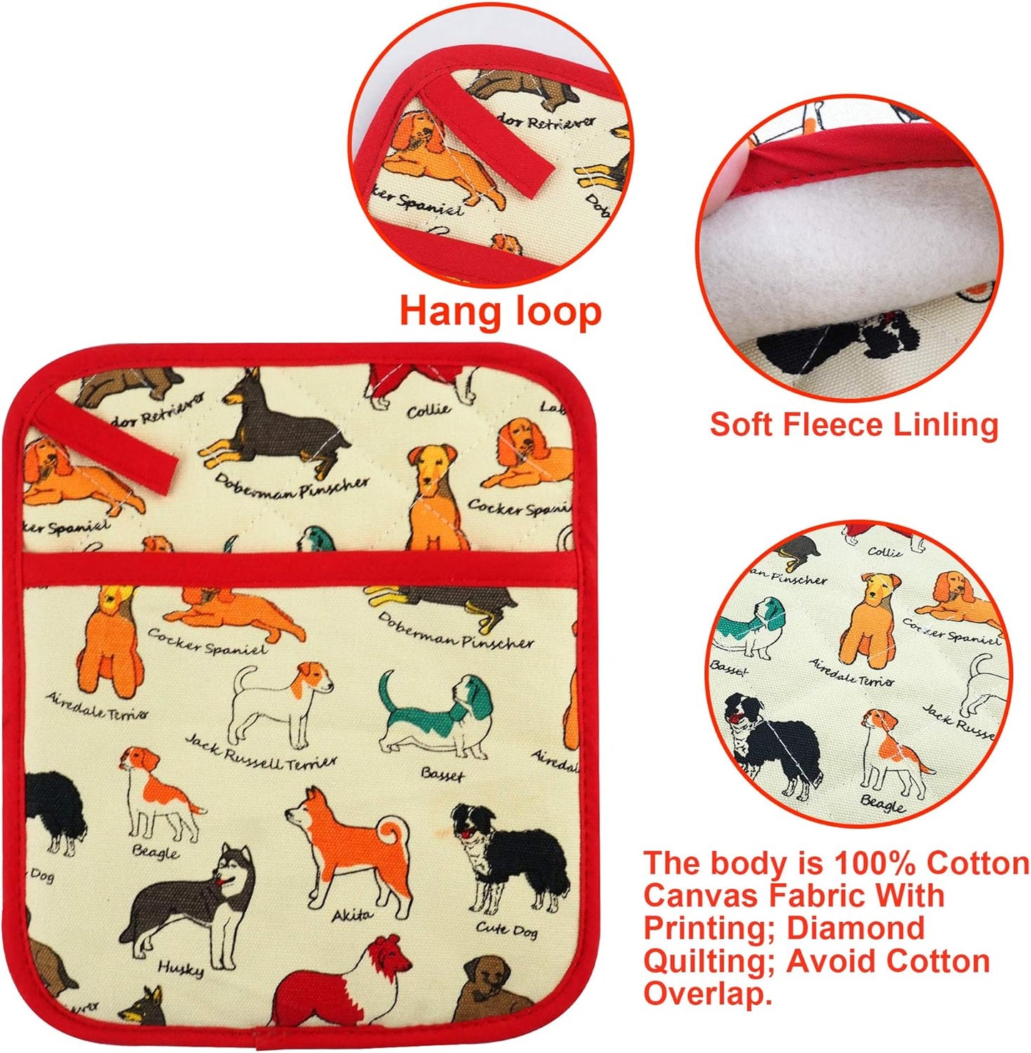 Pot Holders Set of 2 Heat Resistant 480℉ Kitchen 100% Cotton Comfortable Lining Printing Dog Flower Women Men Home Cooking Baking Microwave BBQ Gift(Dog)