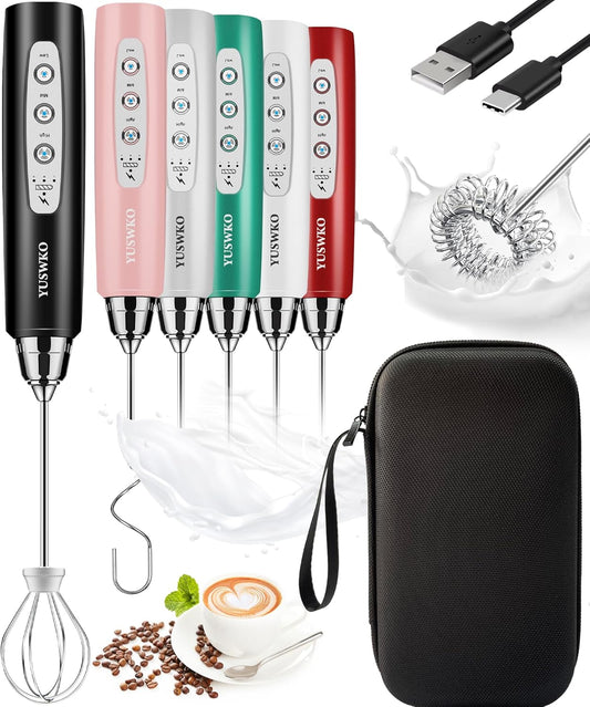 YUSWKO Rechargeable Milk Frother Handheld Frother Wand Drink Mixer for Coffee, Electric Whisk 3 Speed Adjustable, Coffee Foamer Maker with 3 Stainless Whisks Ideal Stirrers for Travel - Black