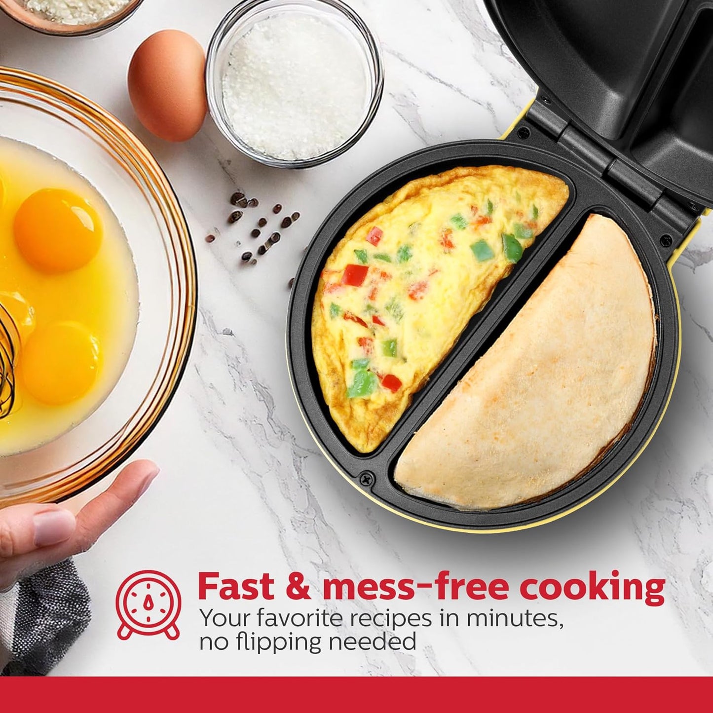 Holstein Housewares Stainless Steel 2 Section Omelet & Frittata Maker, Non Stick Coating, Easy To Clean, Indicator Lights, Compact Storage, Prepare Versatile Recipes in Minutes. 2 Portions, Yellow