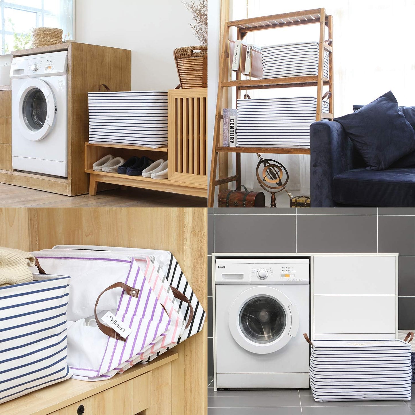 Hinwo 70L Extra Large Storage Bins, 6-Pack Closet Organizers and Storage, Foldable Clothes Storage Baskets with Handles, Containers for Clothing, Blanket, Comforters, Toys, Bedding (Navy Stripe)