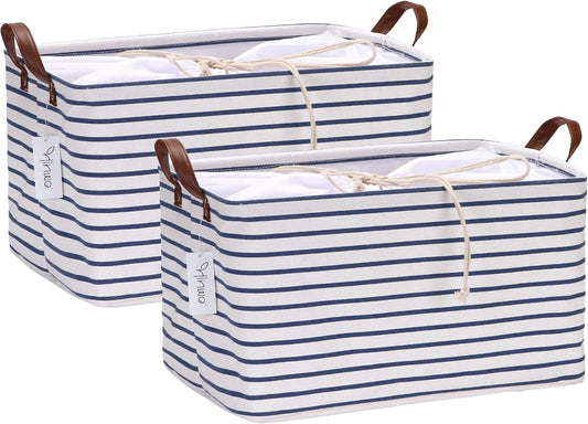 Hinwo 31L Large Storage Bins, 2-Pack Closet Organizers and Storage, Foldable Clothes Storage Baskets with Handles, Containers for Clothing, Blanket, Towels, Toys, Bedding (Navy Stripe)