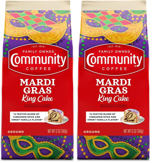 Community Coffee Mardi Gras King Cake Flavored 12 Ounces, Medium Roast Ground Coffee, 12 Ounce Bag (Pack of 2)