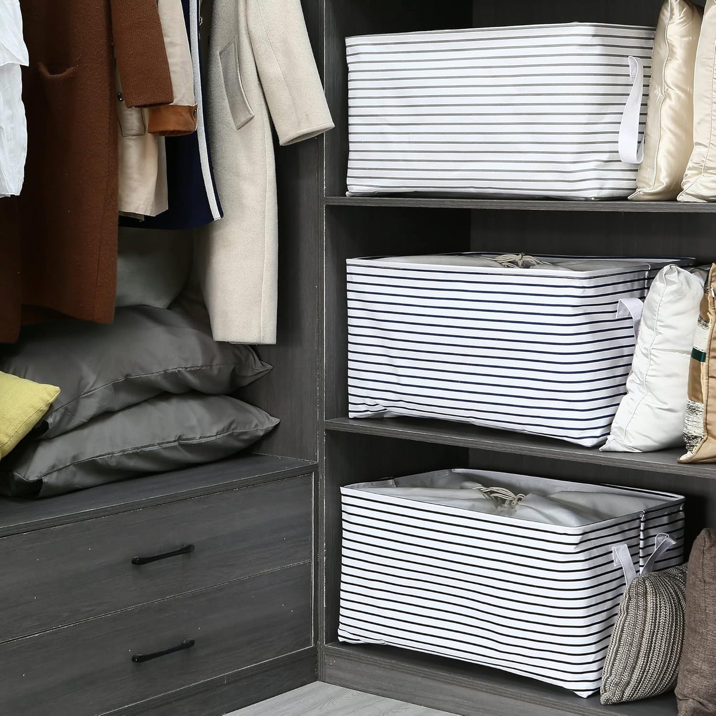 Hinwo 102L XXL Storage Bins, 2-Pack Closet Organizers and Storage, Foldable Clothes Storage Baskets with Handles, Containers for Clothing, Blanket, Comforters, Toys, Bedding (Gray Stripe)