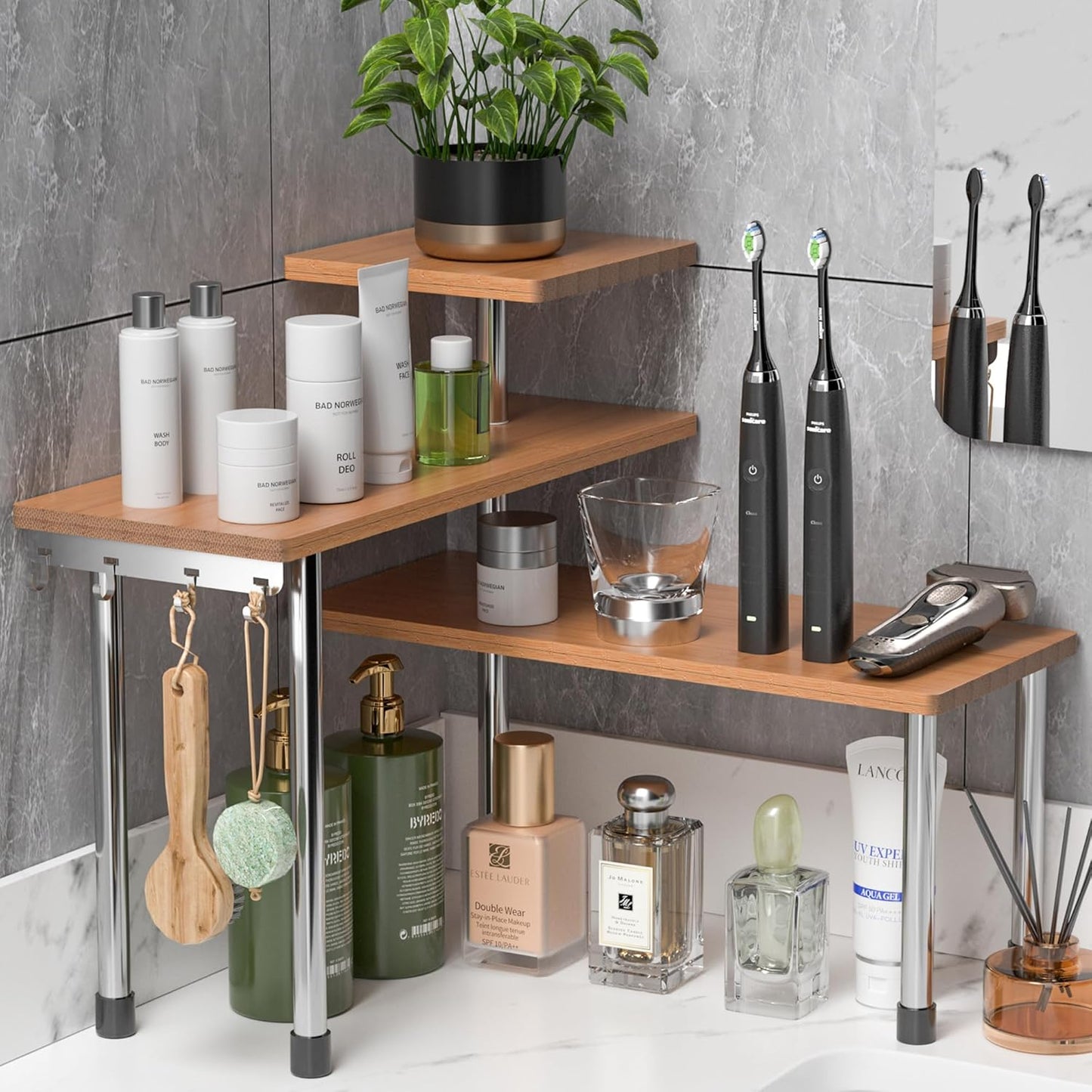 ZHWS Bathroom Counter Organizer Corner Countertop Shelf Adjustable 3 Tier Corner Shelf Kitchen Counter Organizer with 4 Metal Hooks for Bathroom Counter, Makeups, Dresser Table, Over Sink