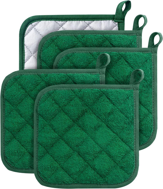 100% Cotton Kitchen Everyday Basic Terry Pot Holder Heat Resistant Coaster Potholder for Cooking and Baking Set of 5 Dark Green