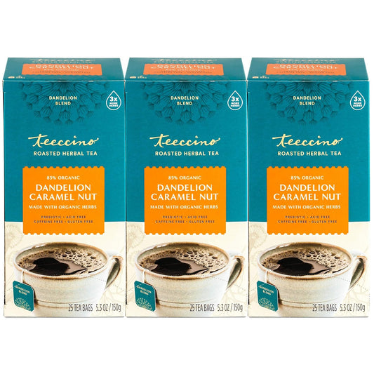 Teeccino Dandelion Caramel Nut Tea - Caffeine Free, Roasted Herbal Tea with Prebiotics, 3x More Herbs than Regular Tea Bags, Gluten Free - 25 Tea Bags (Pack of 3)