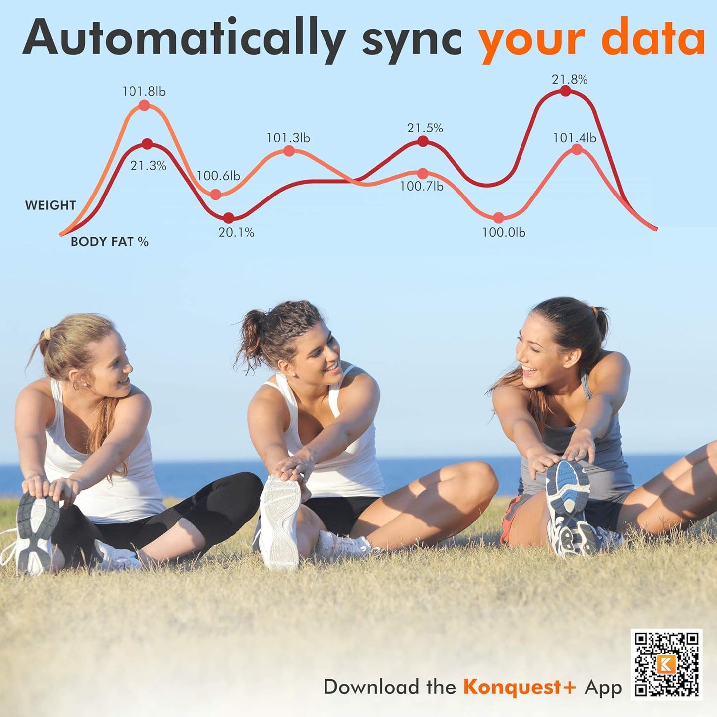 KONQUEST Smart Scale for Body Weight, Digital Bathroom Scale BMI Weighing Bluetooth Body Fat Scale, Body Composition Monitor Health Analyzer with Smartphone App, 400 lbs - White