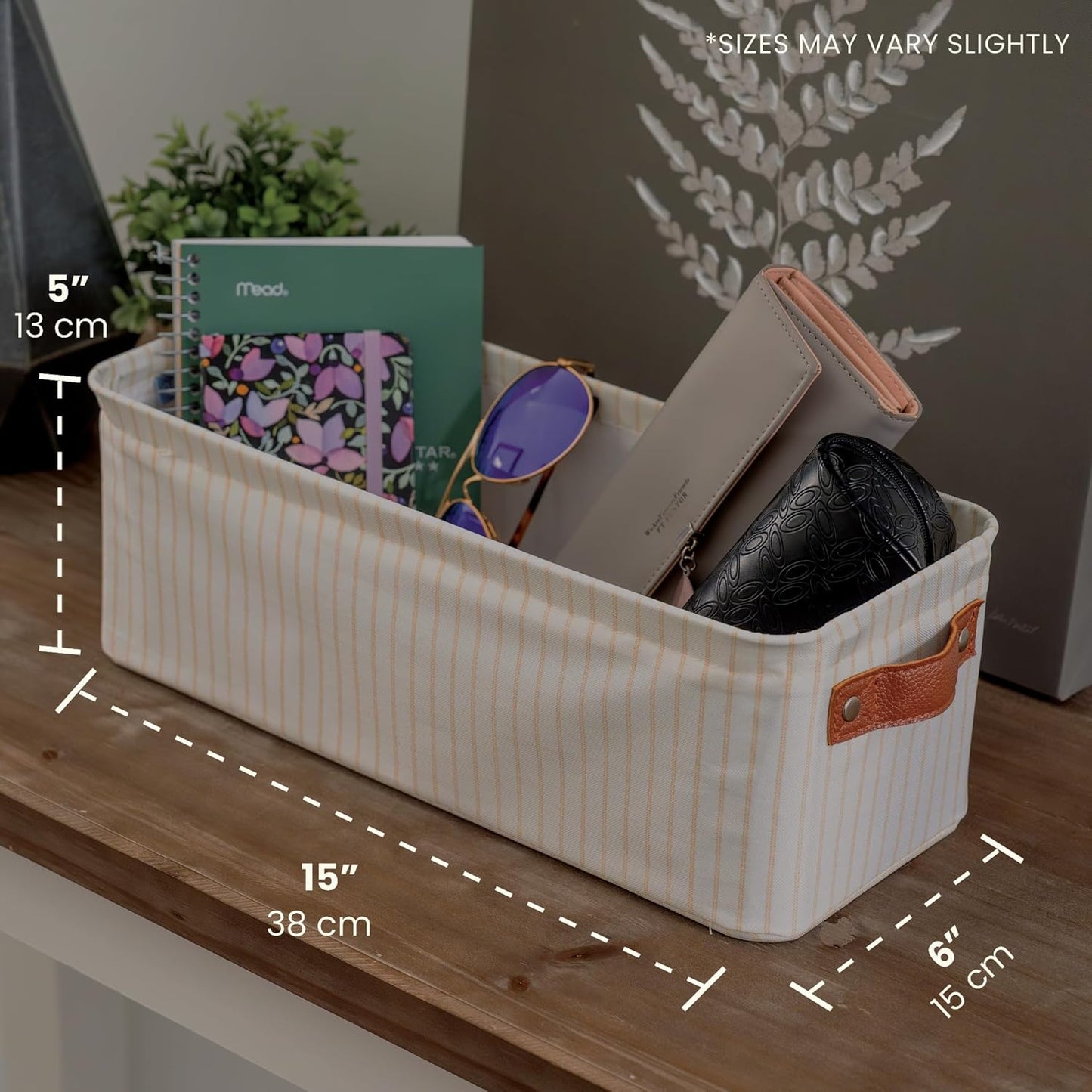 OrganiHaus Narrow Storage Bins 15x06in, Small Closet Bins for Shelves, Bathroom Storage Baskets, Narrow Baskets, Fabric Organizer with Handles, Toilet Paper Organizer - 2 Pack, White w/Brown Stripes