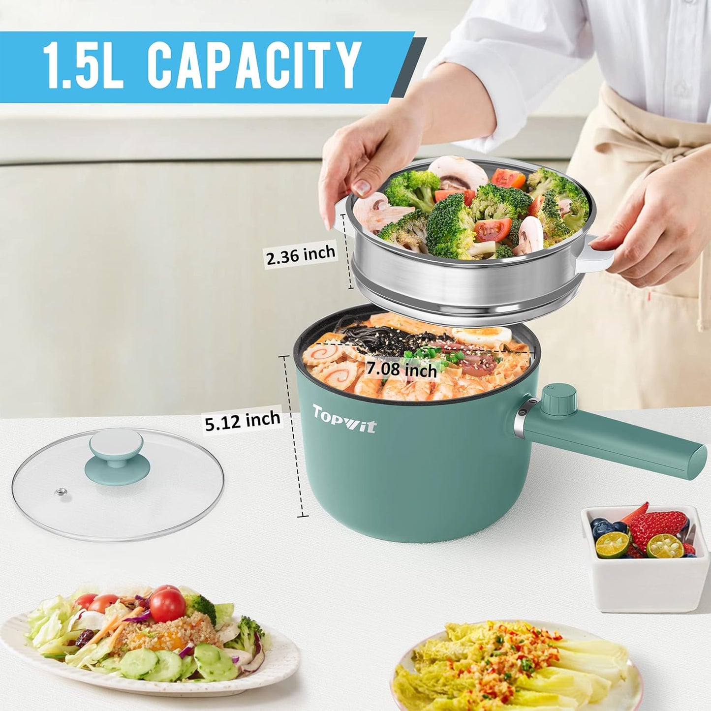 Topwit Hot Pot Electric with Steamer, 1.5L Ramen Cooker, Non-Stick Frying Pan, Electric Pot for Pasta, BPA Free, Electric Cooker with Dual Power Control, Over-Heating & Boil Dry Protection, Green