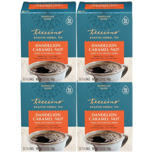 Teeccino Dandelion Caramel Nut Tea - Caffeine Free, Roasted Herbal Tea with Prebiotics, 3x More Herbs than Regular Tea Bags, Gluten Free - 10 Tea Bags (Pack of 4)
