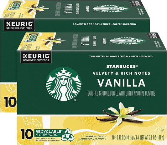 Starbucks Flavored Coffee K-Cup Pods, Vanilla Flavored Coffee, Made without Artificial Flavors, Keurig Genuine K-Cup Pods, 10 CT K-Cups/Box (Pack of 2 Boxes)